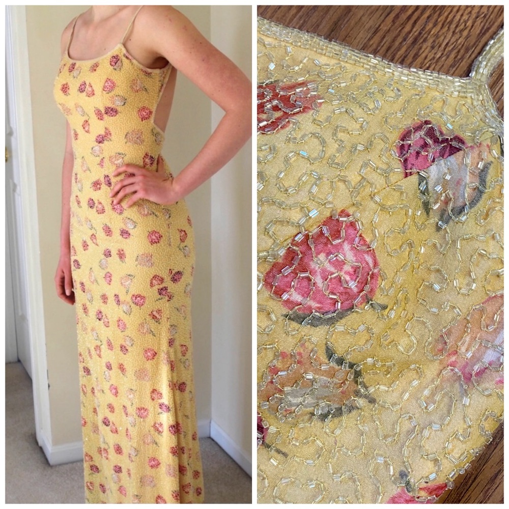 Vintage 90’s Y2K 100% Silk Dress Silk Slip Dress Backless Floral Prom Beaded